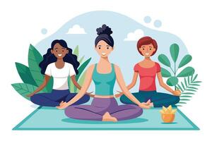 Three women are seated in a yoga pose on a mat outdoors. They are surrounded by plants and have a peaceful, serene expression on their faces. vector