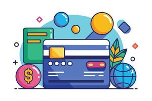 An illustration depicting a credit card surrounded by various colorful shapes, including a dollar sign, a globe, and abstract geometric shapes. vector