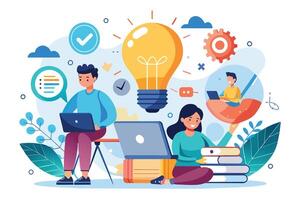 Three people collaborating on laptops, with a lightbulb for inspiration and books for knowledge, illustrate teamwork and creativity. vector