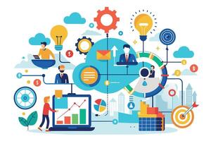 Illustration depicting a business growth strategy, showcasing data analysis, teamwork, and goal achievement. vector