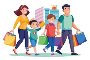 A family of four, consisting of a mom, dad, and two sons, enjoys shopping together in the city center, carrying colorful shopping bags. vector