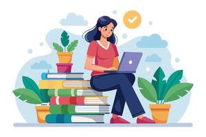 A woman is sitting on a stack of books and using a laptop. She is smiling, suggesting she is happy and productive. The background features two potted plants and clouds. vector