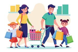 A family of four is shopping together at the supermarket, pushing a shopping cart and carrying bags. They are all smiling and happy. vector