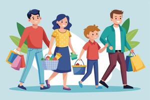 A happy family of four is walking home from the grocery store, carrying bags and baskets full of groceries. vector