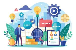 A colorful illustration depicting a digital marketing strategy development process with creative ideas, teamwork, and a focus on online engagement. vector