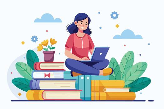 A smiling woman sits on a stack of books while working on her laptop. There are flowers and clouds in the background. vector