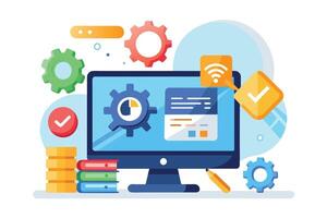 An illustration depicting a desktop computer with a blue screen displaying settings and data storage icons. The computer is surrounded by gears, a checkmark, a pencil, and stacks of books. vector