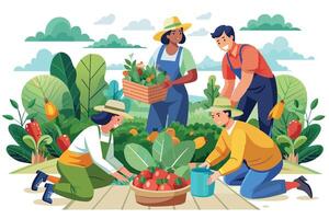 A group of four people are working together in a garden, harvesting ripe tomatoes. They are smiling and enjoying the fresh produce. vector