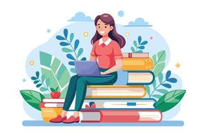 An illustration of a woman sitting on a stack of books with a laptop in her lap, smiling and looking happy. vector