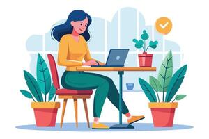 A woman sits at a desk with a laptop, working on a project in her home office. She is surrounded by plants and natural light, creating a peaceful and productive atmosphere. vector
