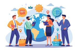 An illustration depicting four business professionals working together in front of a large earth globe. vector