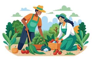 Two people, a man and a woman, harvest vegetables from a garden. They wear green aprons and straw hats and are surrounded by greenery and fresh produce. vector