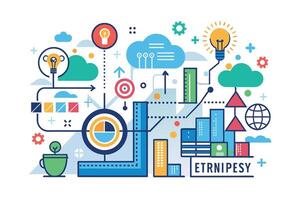 A colorful illustration depicting a business growth strategy that incorporates ideas, cloud computing, marketing goals, and data analysis. vector