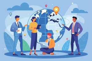 A team of diverse professionals collaborate around a globe, representing global business expansion and communication. vector