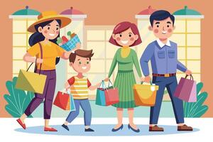 A cartoon family, including a mother, father, and son, smiles as they leave a store with multiple shopping bags. vector