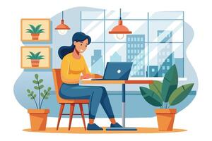 An illustration of a woman sitting at a desk in a modern office space, working on her laptop. She is smiling, and the office has large windows, plants, and a bright and airy feel. vector