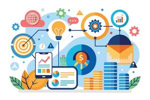 A colorful and abstract illustration representing digital marketing strategy, showcasing elements like growth, optimization, and revenue generation. vector