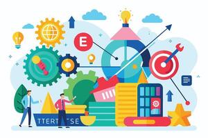 Illustration depicting two business people working together amidst a complex network of gears, targets, clocks, and ideas, showcasing the collaborative effort required to achieve success. vector