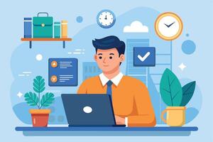 An illustration of a man working on a laptop at his desk. He is surrounded by a clock, a checkmark, and other office supplies, suggesting he is working on a project. vector