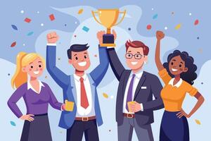 A diverse team of two women and two men, with different hair colors, celebrate success with smiles and a trophy, surrounded by falling confetti. vector
