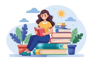 A young woman sits on a stack of books, reading a red book. She is smiling and seems happy. The background includes a sunny sky, clouds, and plants. vector