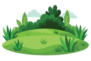 A digital illustration of a green grassy hilltop with lush bushes and clouds in the background. The image is perfect for depicting a peaceful and natural setting. vector