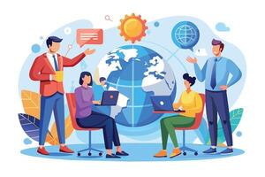 An illustration depicting a global business team collaborating on laptop computers during a meeting. vector