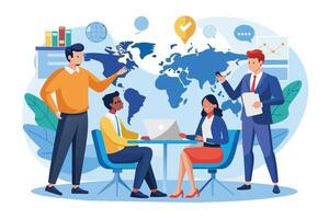 An illustration depicting a diverse business team collaborating around a table with a world map in the background, showcasing their global reach and teamwork. vector