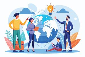 A diverse team of professionals stands around a globe, discussing business strategy. A lightbulb above represents a new idea. vector