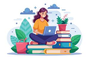 A cartoon woman sits cross-legged on a stack of books, smiling and working on a laptop. There are plants and clouds around her, suggesting a relaxing and productive environment. vector