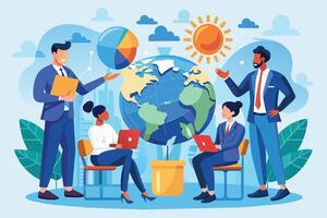 A group of diverse business professionals collaborate around a globe with a pie chart, representing global business. vector