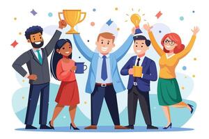 A diverse team of business professionals celebrates a successful project, with one holding a trophy and another holding a lightbulb representing a brilliant idea. vector