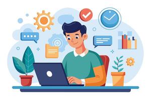A smiling man works on his laptop, surrounded by icons representing productivity, efficiency, and success. vector