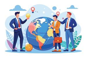 Three businessmen stand in front of a large globe, discussing ideas and strategies for global business. vector