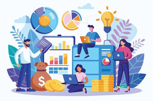 Illustration of a team using computers and data analysis tools to collaborate, identify trends, and achieve financial success. vector