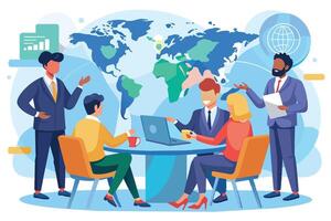 A diverse business team meets around a table, discussing strategies with a world map as their backdrop. The image represents global collaboration and teamwork. vector