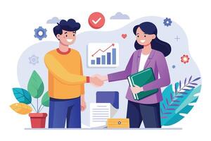 Two smiling business professionals shake hands in an office setting, representing a successful agreement or partnership. vector