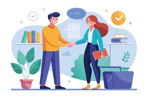 An illustration of a man and a woman shaking hands in an office setting. They are smiling and appear to be happy to be working together. vector