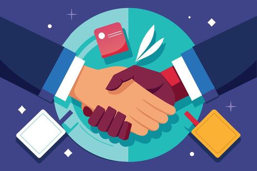 A business partnership is formed with a handshake between two businessmen. The image is cartoon-style and features two hands shaking inside a circle surrounded by abstract shapes. vector