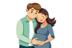A happy couple is embracing, with the husband placing his hand on his pregnant wifes belly. Both are smiling warmly, expressing love and support. vector