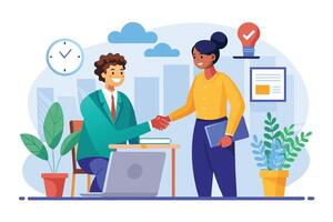 An illustration of two happy business colleagues shaking hands in an office setting, with a laptop on a desk, potted plants, and a lightbulb with a checkmark above them. vector