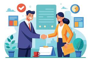Two businesspeople, a man and a woman, shake hands in front of a contract or agreement document to seal a deal or partnership. vector