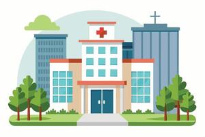 A cartoon illustration of a modern hospital building in a city setting, featuring a red cross, green trees, and a tall building in the background. vector
