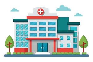 Illustration of a modern hospital building with red trim and blue windows. The building has a large entrance and is surrounded by trees and bushes. vector