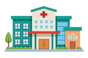 A simple illustration of a modern hospital building with a red cross on the front, featuring green bushes and a tree. vector