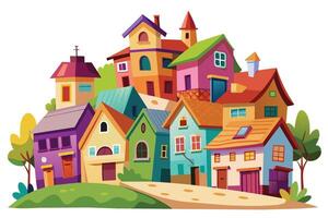 An illustration of a small, colorful cartoon village with houses arranged on a grassy hilltop, with a winding pathway leading into the town. vector