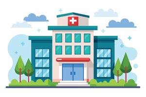 A colorful illustration of a modern hospital building with large windows, a red awning, and a red cross on the roof. vector