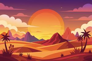 A vibrant digital illustration of a desert sunset with large mountains in the background and palm trees in the foreground. vector