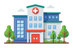 A cartoon-style illustration of a modern hospital building with red doors and green trees in front. vector