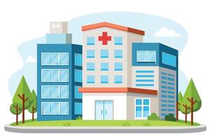A cartoon illustration of a modern hospital building with a red cross symbol on the front. There are trees and grass in front of the building. vector